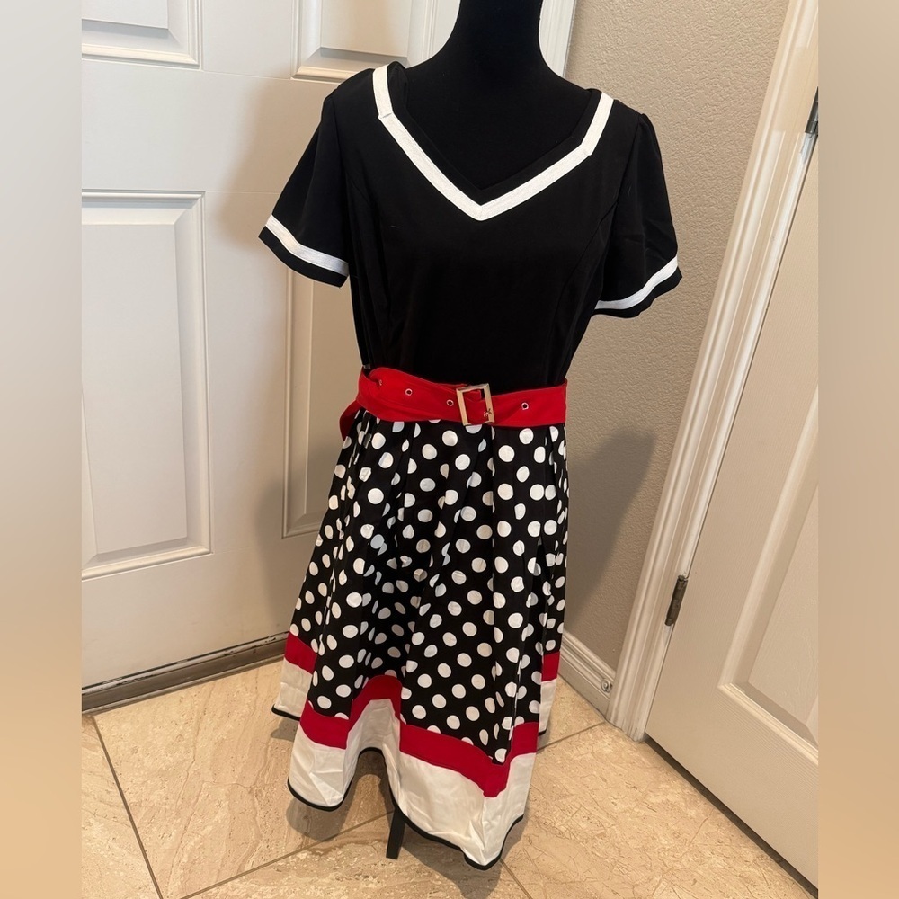 Swing dress black white red polka dot red belt 36" waist
